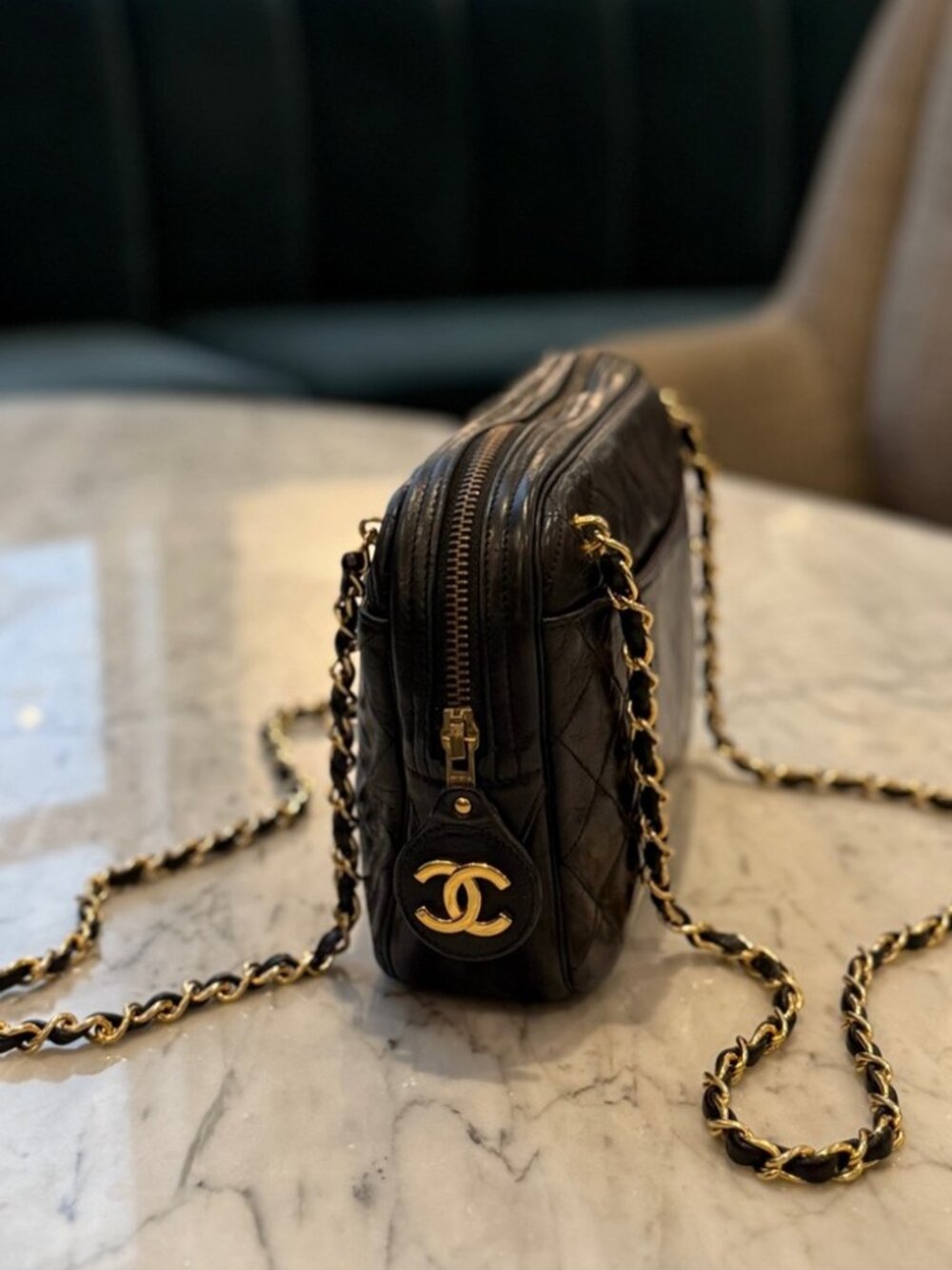 CHANEL Quilted Black Lambskin Leather Camera Bag with Gold Chain